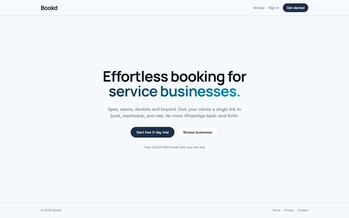 Bookd landing page showing effortless booking for service businesses